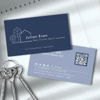 Modern House Logo Navy Blue Real Estate Agent Business Card