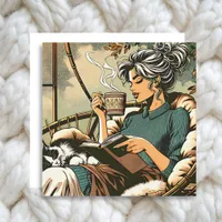 Cozy Lady Reading with Coffee and Cat Card