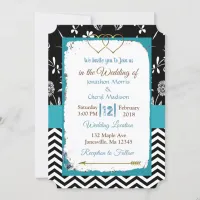 Black and Blue Gold Hearts Wedding Invitation