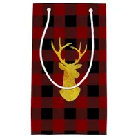 Buffalo Plaid Gold Foil Christmas Deer Small Gift Bag