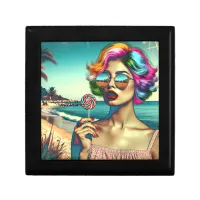 Beautiful Retro Pop Art Woman with Lollipop Gift Box