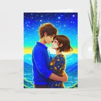 Anime Couple, Mountains and Stars Valentine's Day Card