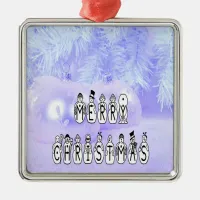 Merry Christmas Snow People Font, Blue Tint Snow Metal Ornament