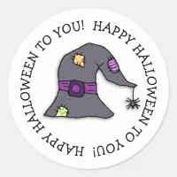 Spider dangling from Witch's Hat Halloween Classic Round Sticker