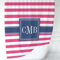 Hot Pink and Navy Stripes Nautical Monogram Shower Curtain