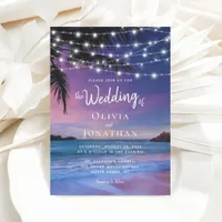 Sunset String Lights Tropical Beach Wedding Invitation