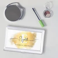 Gold Brush Stroke White Monogram Black Script Name Business Card Case