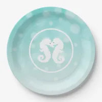 Teal and White Seahorses Kissing Paper Plates