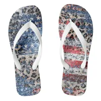 Thumbnail for *~* AP27 Distressed Red Glitter USA Flag Leopard Flip Flops