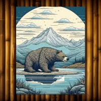 Bear, Mountains, Lake, Full Moon Ai Art Jigsaw Puzzle