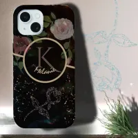 Black  Monogram Pink Roses Phone Case