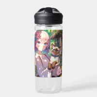 Anime Girl and Siamese Cat Personalized Water Bottle