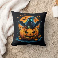 Spooky ghost rising from a carved pumpkin at night throw pillow