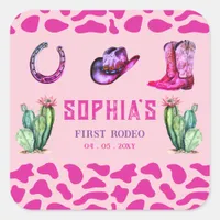 Western Cowgirl First Rodeo Pink Girls Birthday Square Sticker