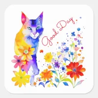 Watercolor Cat and Flowers Personalized Good Day Square Sticker