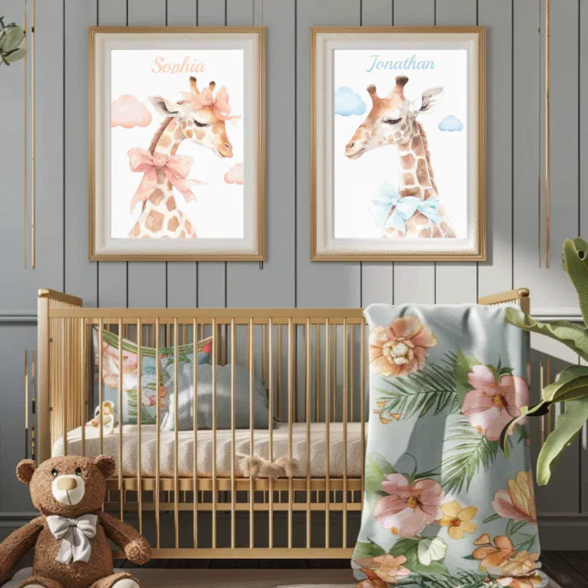 Giraffe Wearing A Blue Ribbon Baby Boy Nursery Poster