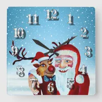 Watercolor Magical Santa Claus Smiling Rudolph Square Wall Clock