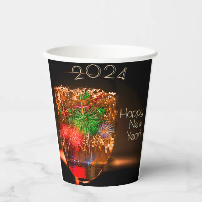 2024 wishes with fireworks and bubbles paper cups