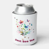 Simple Floral Watercolor Monogram Bee on white  Can Cooler