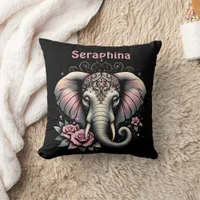 Elephant with elegant roses illustration throw pillow