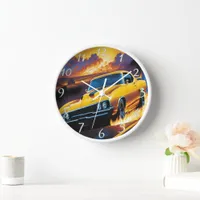 Vibrant hot rod racing into a sunset blaze clock