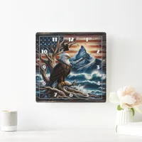 Bald Eagle Perched on Branch Near Mountains Square Wall Clock