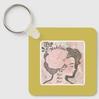 Best Mom Ever Pretty Flowers Gold Frame Square Keychain