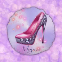 Monogrammed High Heel in Glitter Pink on Lilac | Round Pillow