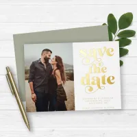 Modern Sage Gold Foil Photo Save the Date Foil Invitation