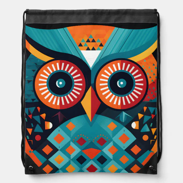 Geometric Owl Art Multicolor Drawstring Bag