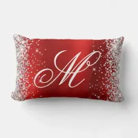 Silver Glitter Shiny Red Foil Fancy Monogrammed Lumbar Pillow
