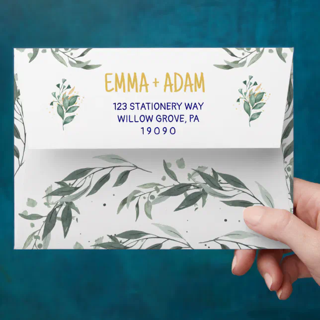 Simple Eucalyptus Greenery Navy Blue and Gold Envelope