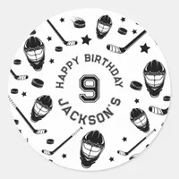 Hockey black and White Themed Boys Birthday Party Classic Round Sticker