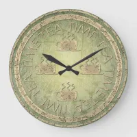 Tea Time Gold on Green Large Clock