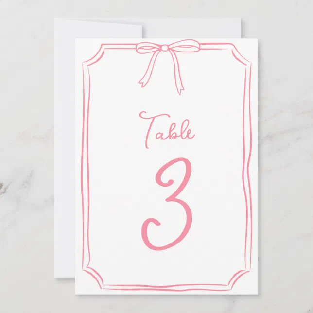 Hand Drawn Bow Cute Coquette Pink Table Number