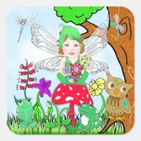 Fairy Elf Girl Sitting on Magical Mushroom Square Sticker