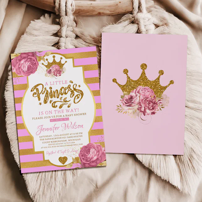 Gold Crown Pretty Princess Pink Floral Baby Shower Invitation