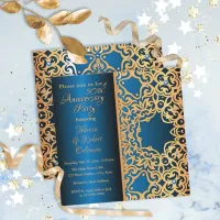 Ornate Vintage Gold And Blue Jeweled Anniversary Invitation