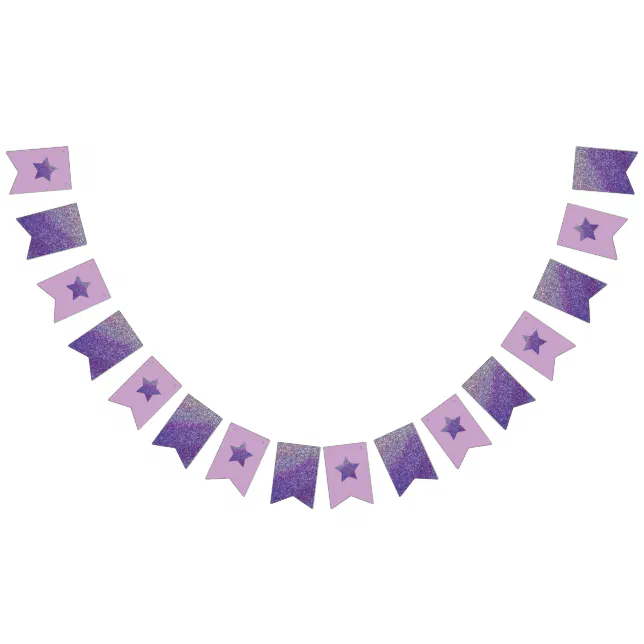 Purple glitter stars and lilac background bunting flags