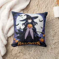 A witch with a pumpkin under a full moon throw pillow