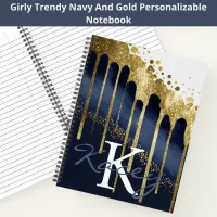 Navy Gold Glitter Girly Monogram Name Notebook