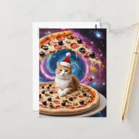 A Funny Santa Hat Christmas Pizza Cat Postcard