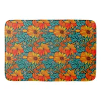 Boho Flowers Blue and Orange  Bath Mat