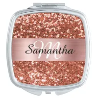 Sparkly Copper Glitter Rose Gold Shimmer Monogram Compact Mirror