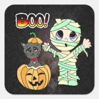 Boo Halloween  Black Cat in Pumpkin and Mummy Square Sticker