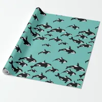 Orca Killer Whale Pattern on Blue Wrapping Paper