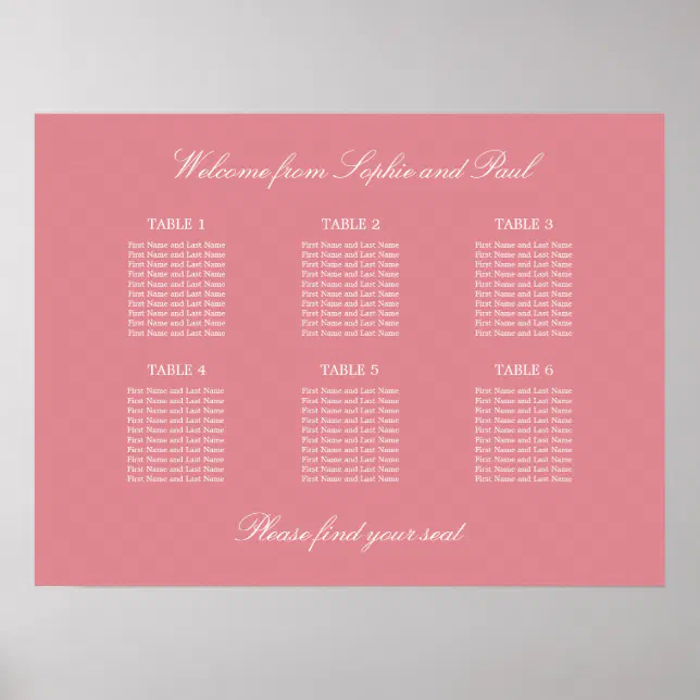 Blush Pink 6 Table Wedding Seating Chart Poster