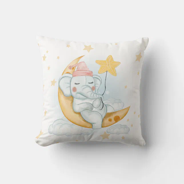 Sleeping Elephant on Moon with Stars Throw Pillow