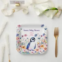 Baby Penguin in Flowers It's a Girl | Baby Shower Paper Plates