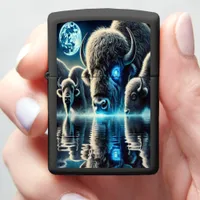 Buffaloes Under Moonlight and Starry Reflections Zippo Lighter